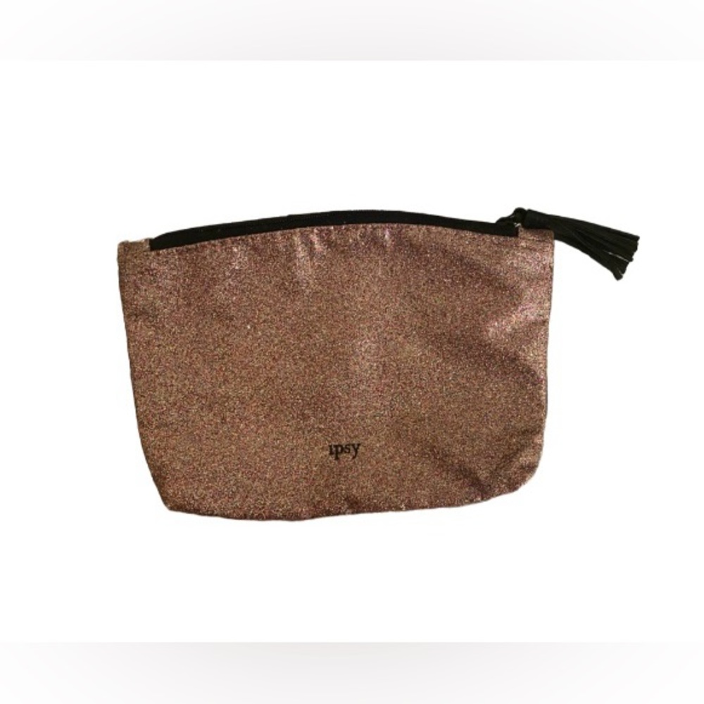 NWT Ipsy Glitter Zip Makeup Travel Clutch Bag Tassels Rose Gold Black Tassels